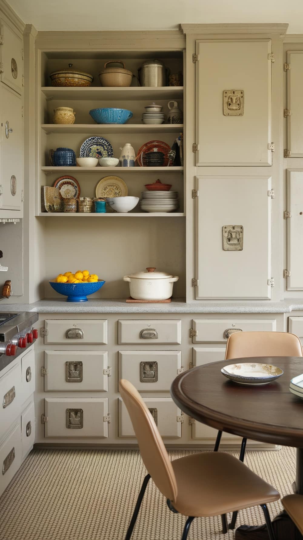 A kitchen featuring greige cabinets with vintage hardware, showcasing various dishes and a bowl of lemons.