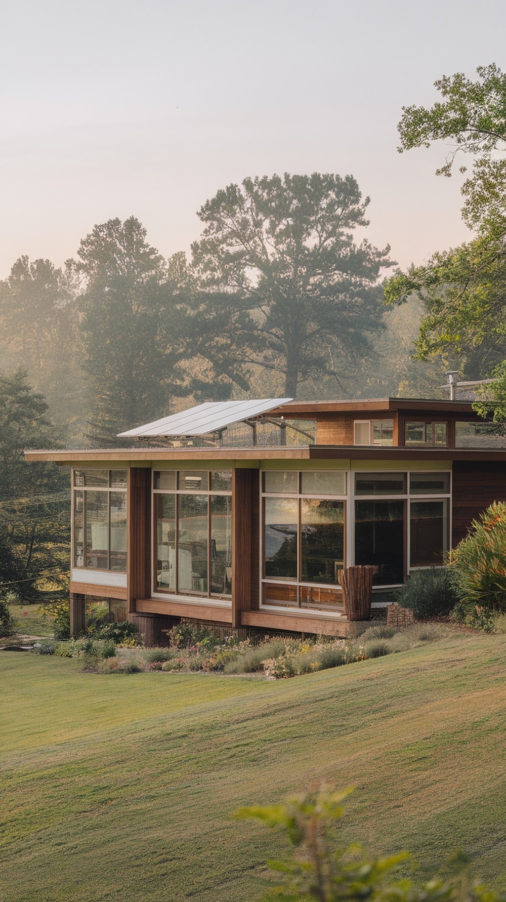 A mid-century modern house with large windows and solar panels, surrounded by greenery.