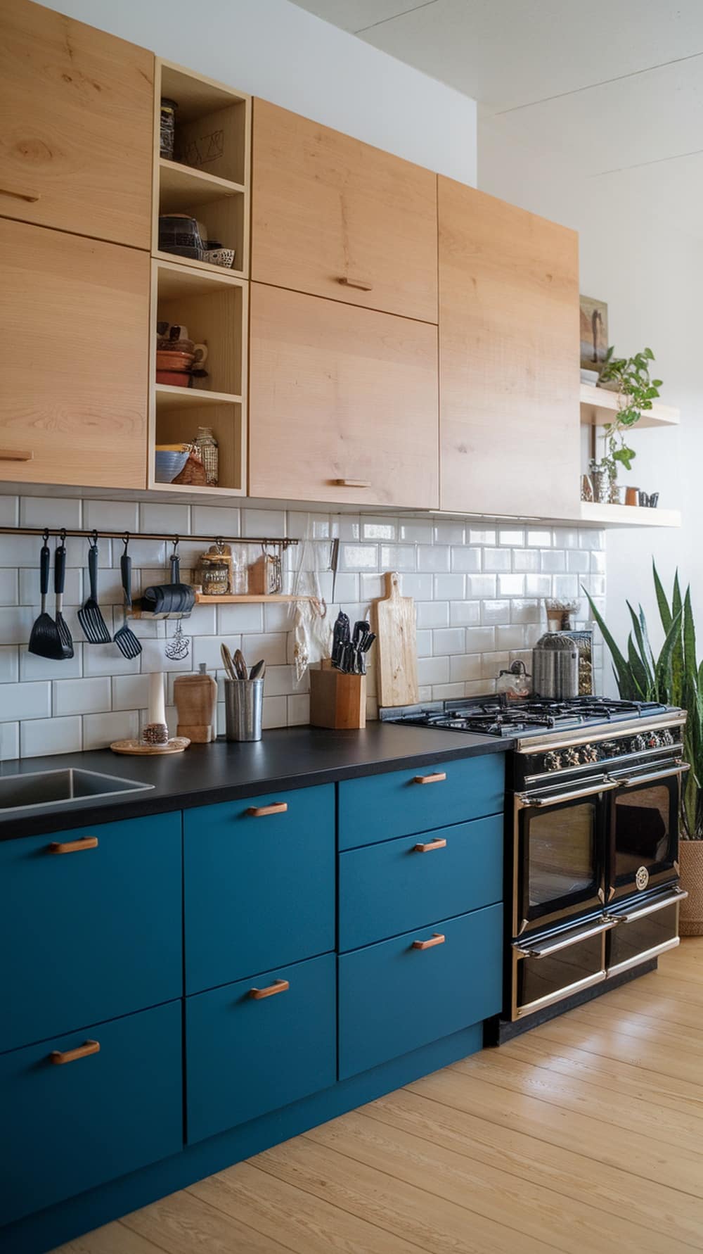 A kitchen featuring bold two-tone cabinets with indigo lower cabinets and natural wood upper cabinets.
