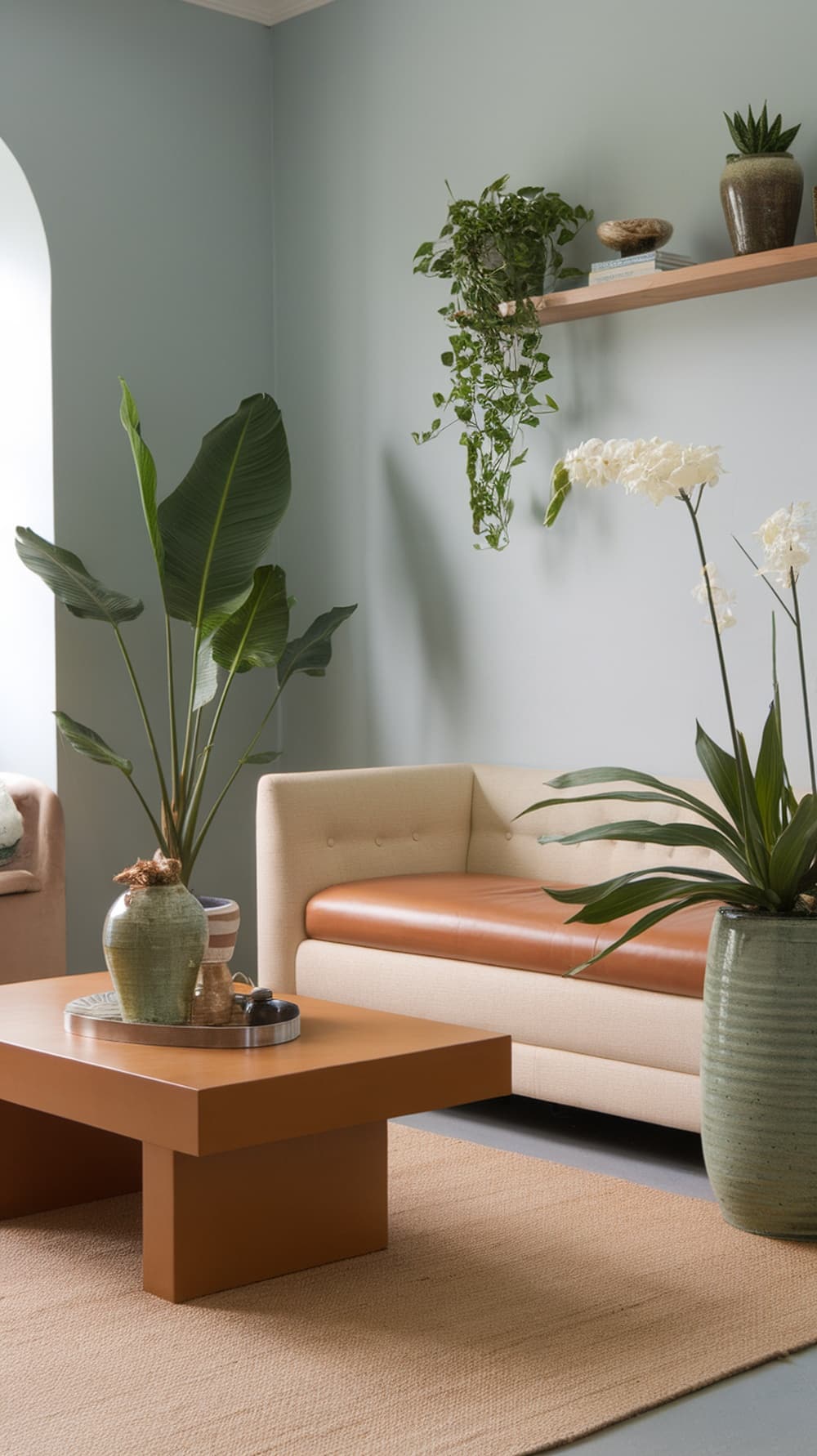A modern living room with indoor plants, featuring a beige sofa with leather accents, a wooden coffee table, and a textured rug.