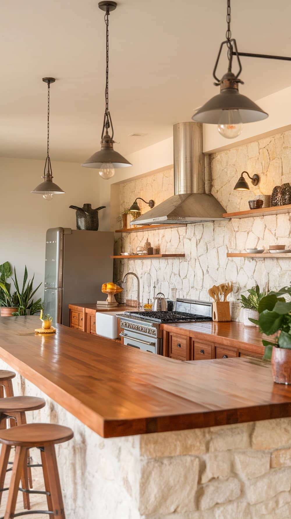 A mid-century modern kitchen featuring a wooden countertop, stone wall, and plants.