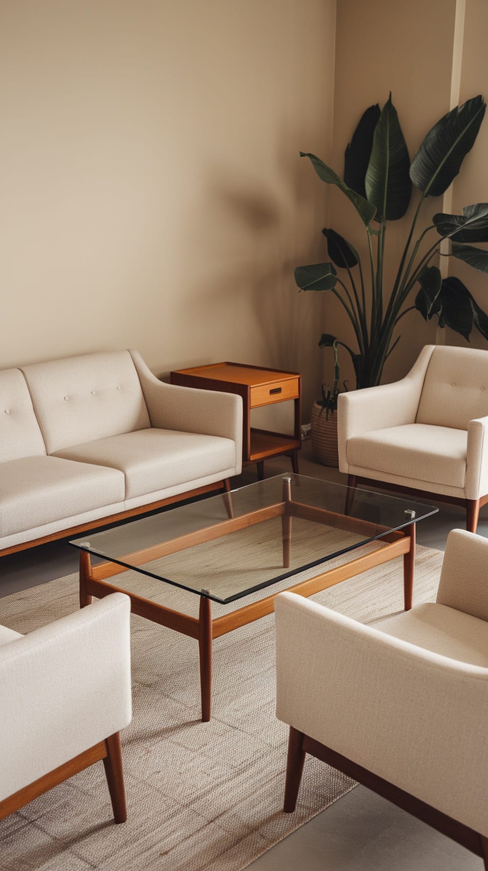A mid-century modern living room featuring beige sofas, a glass coffee table, and a large plant.