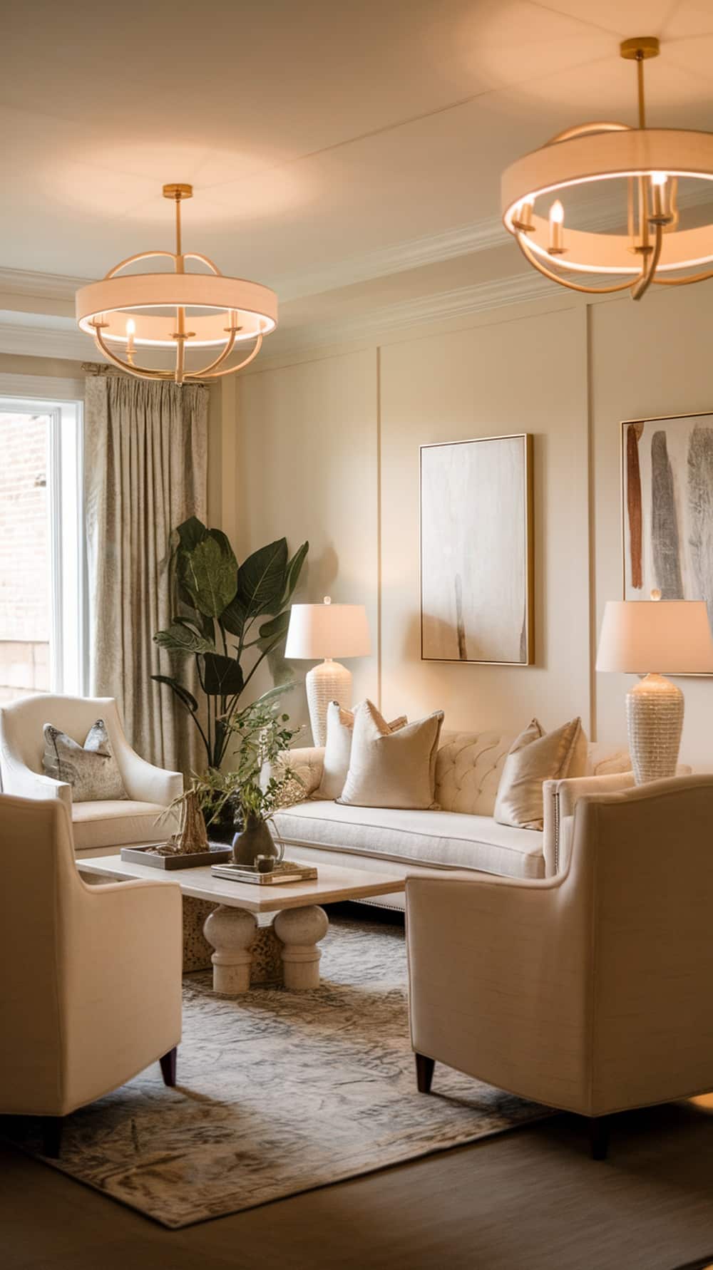 A cream living room featuring elegant lighting with pendant lights and table lamps.
