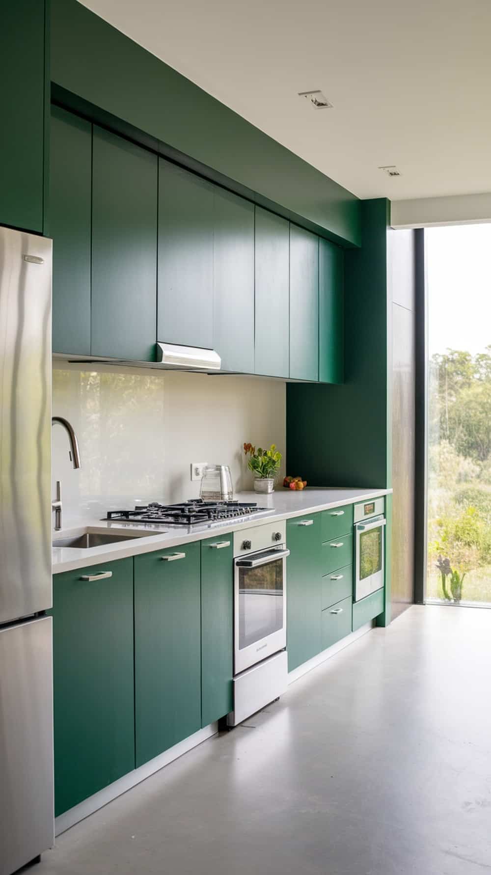 A modern kitchen featuring emerald green cabinets and stainless steel appliances.