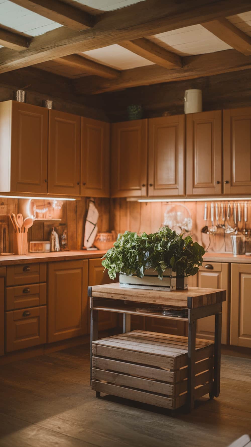 Cozy kitchen with caramel cabinets and rustic decor.