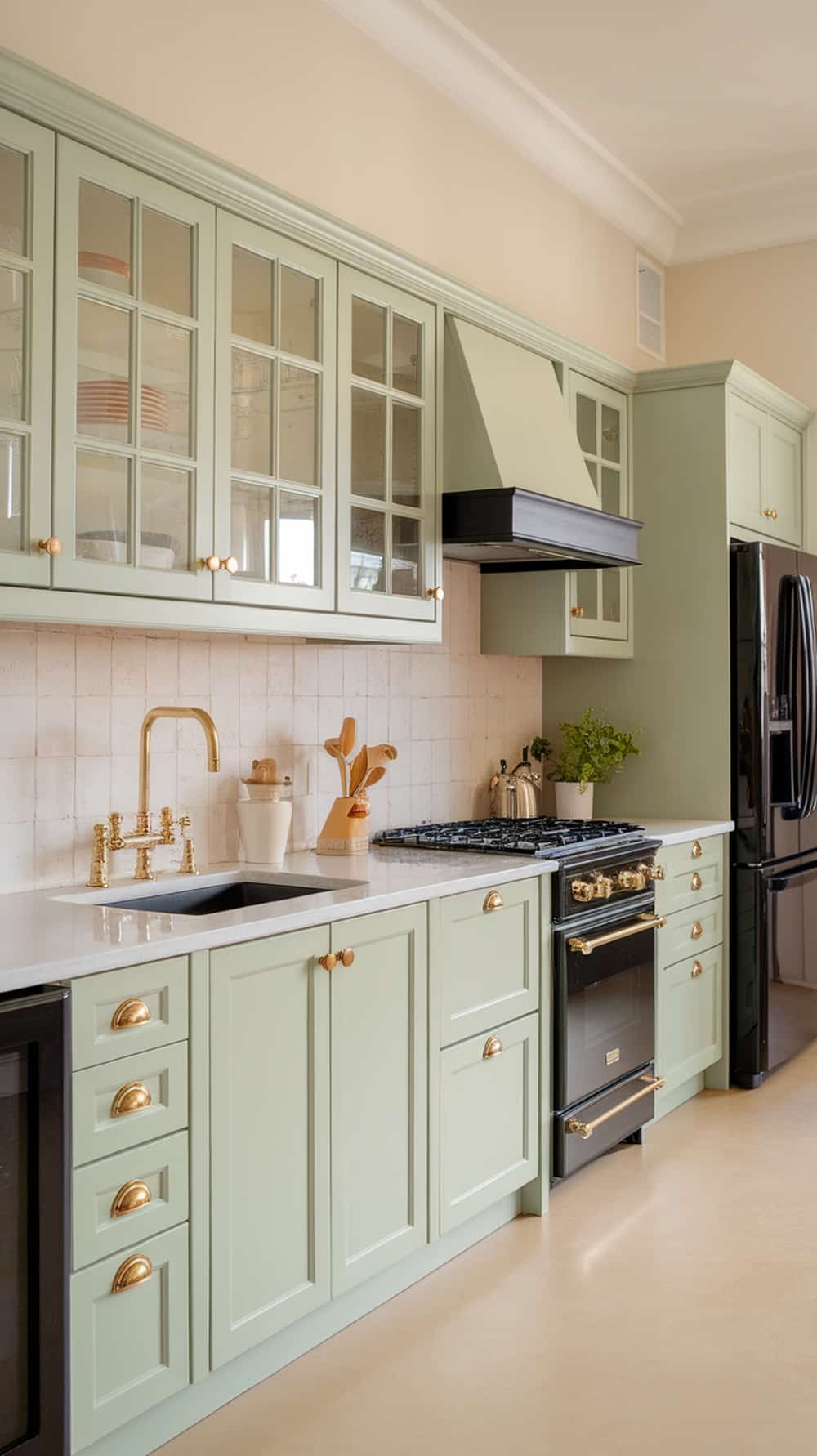 A pale green kitchen with gold accents, featuring cabinets, a sink, and a stove.