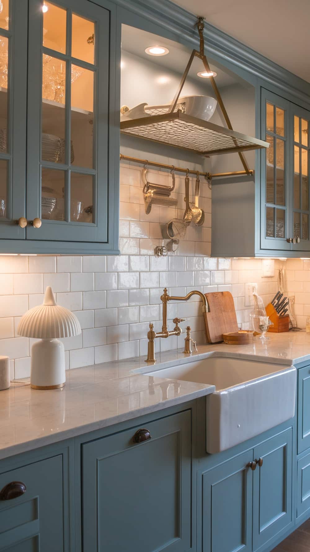 A modern kitchen with dusty blue cabinets and integrated lighting.