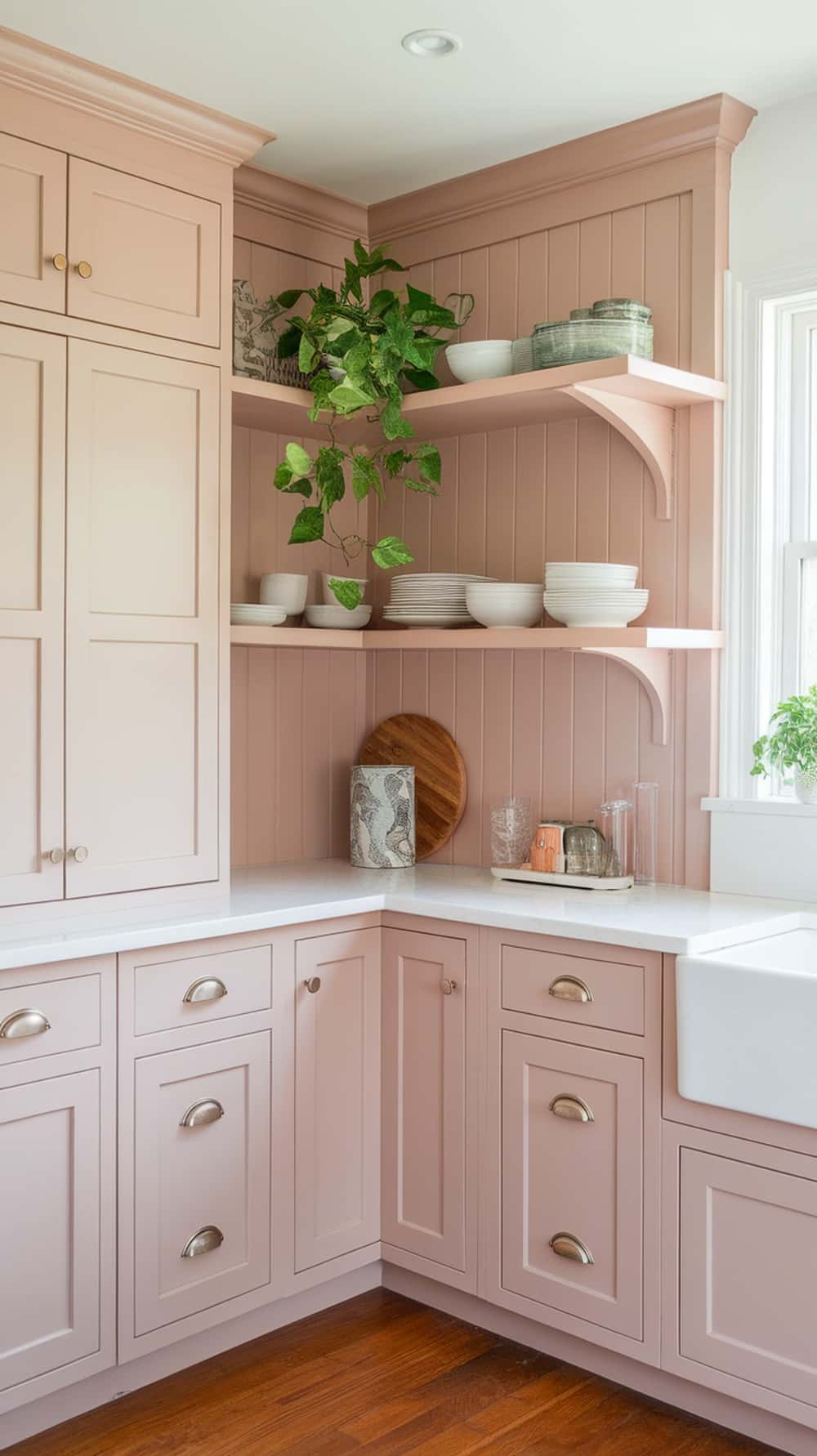 Blush pink shaker style kitchen cabinets with open shelving and decorative items.