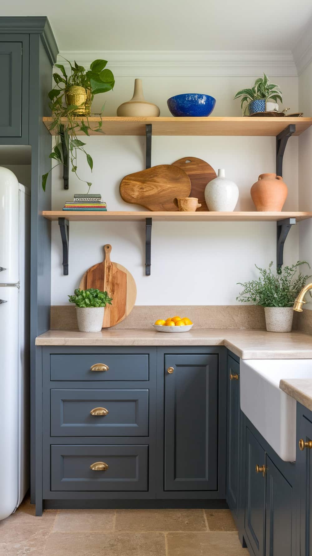 Open shelving in a charcoal gray kitchen with decorative items and plants.