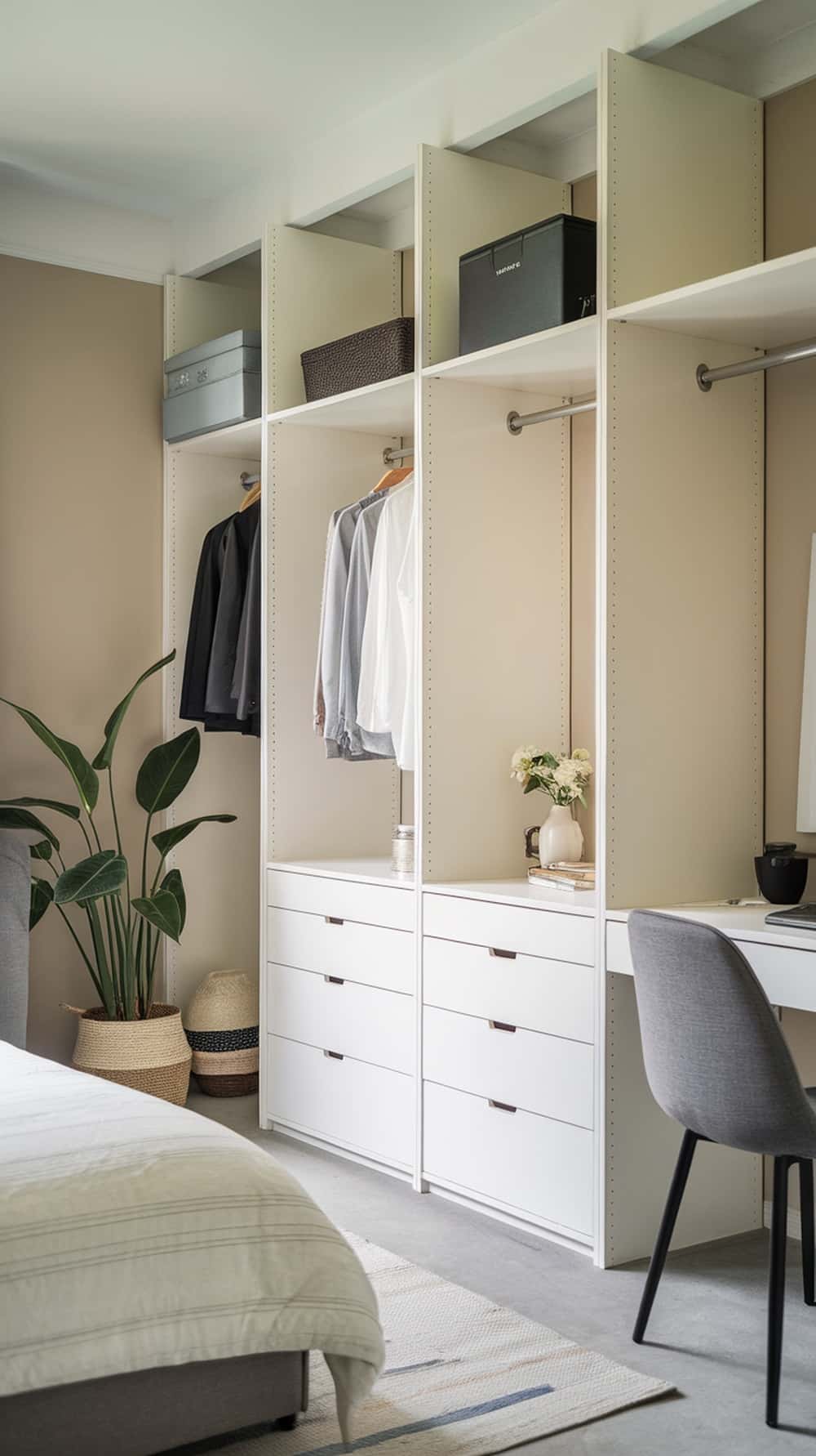A modern customizable modular wardrobe with open shelving and drawers, showcasing a stylish and organized bedroom storage solution.