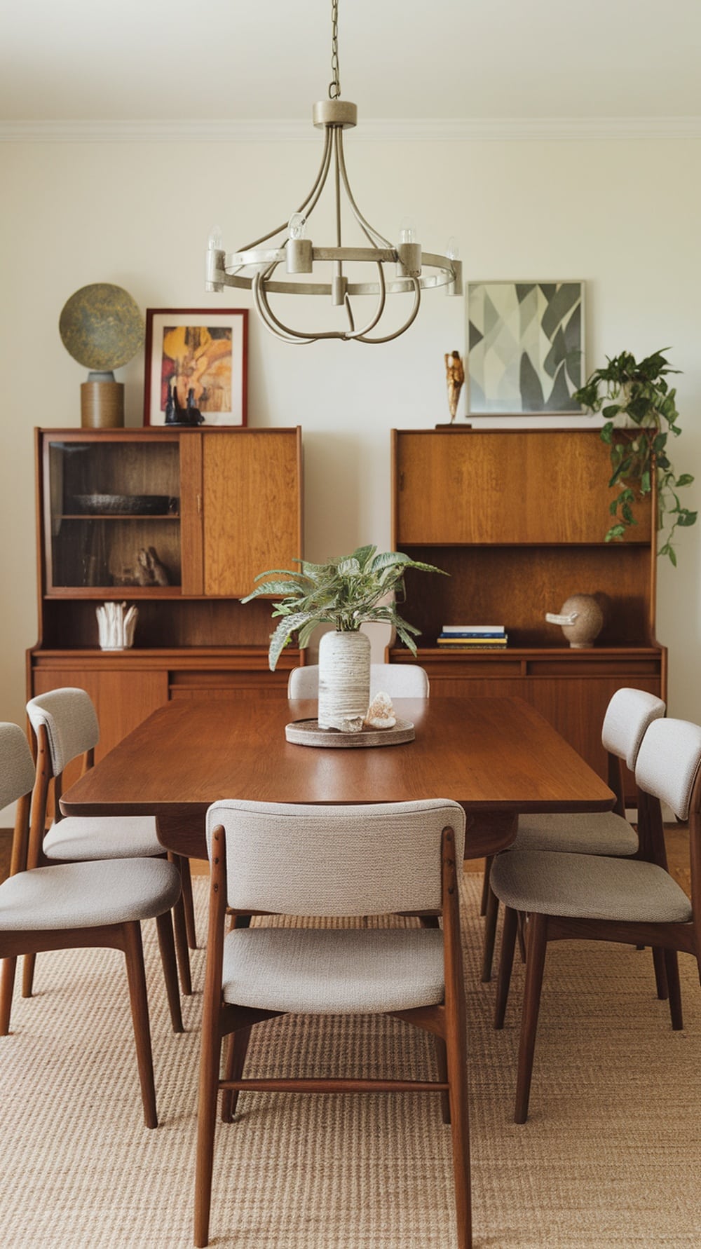 Mid-century modern dining room featuring wooden furniture, a potted plant, and textured decor.
