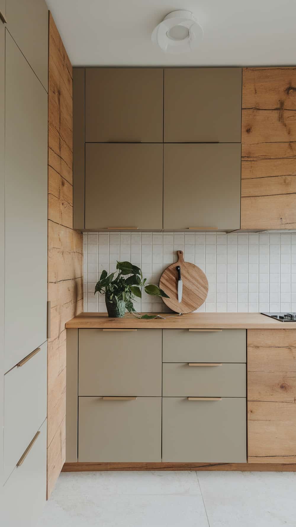 Warm taupe shaker kitchen cabinets with wooden accents and a plant on the countertop.