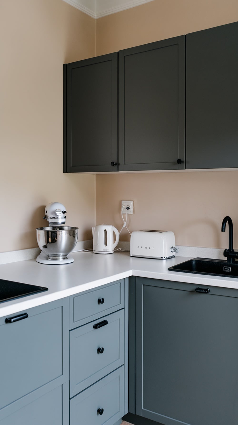 Minimalist kitchen featuring charcoal gray cabinets with light countertops and modern appliances.