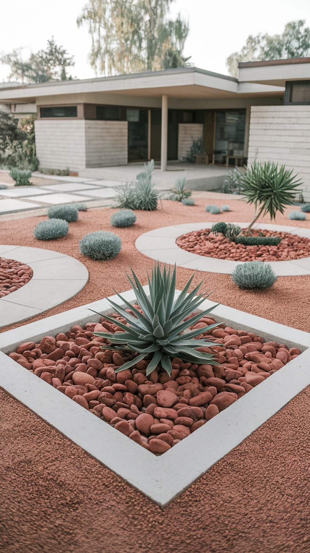 A mid-century modern house with landscaped outdoor spaces featuring geometric designs and various plants.