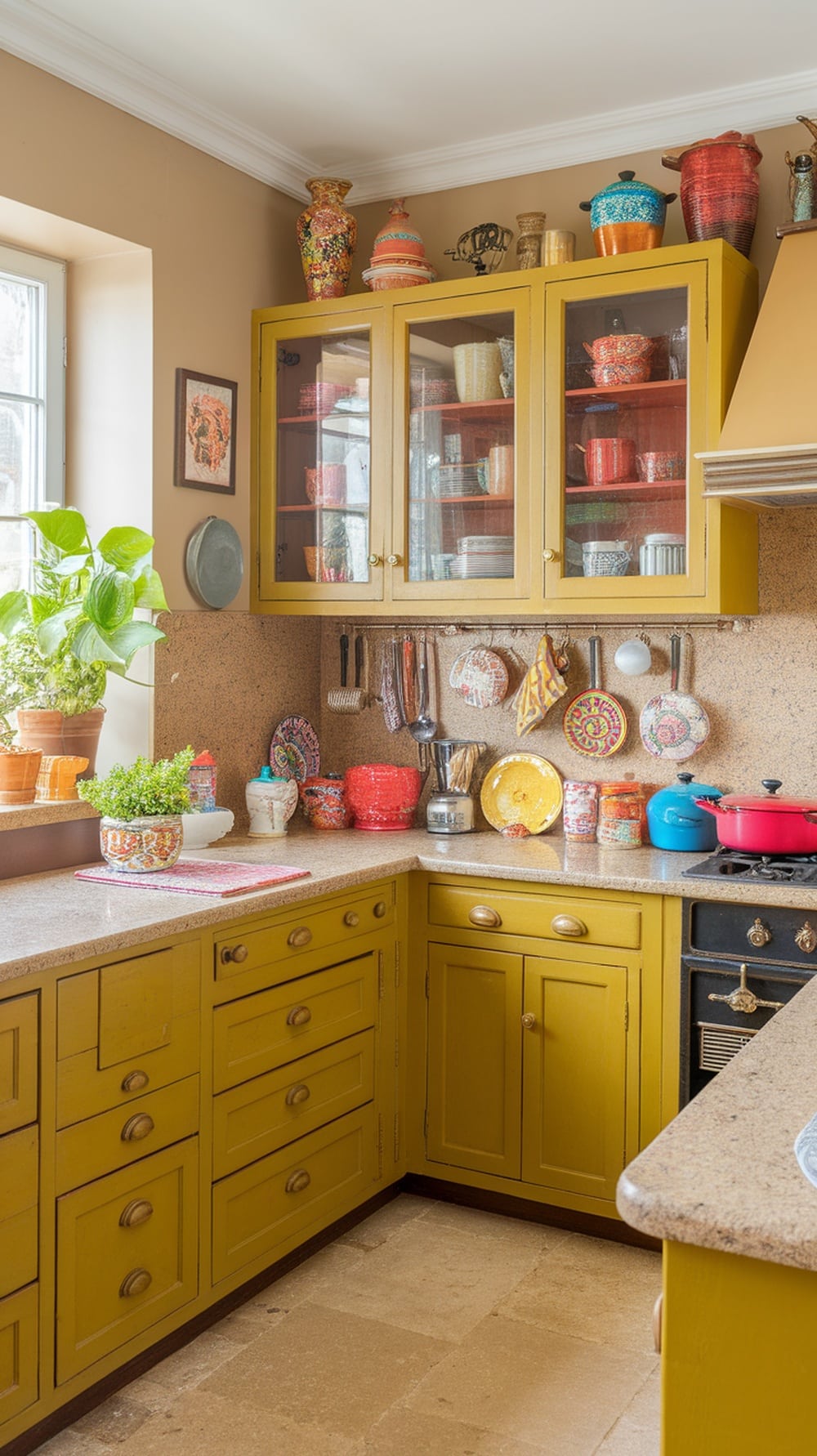 A cozy kitchen featuring mustard yellow cabinets adorned with colorful accessories and plants.