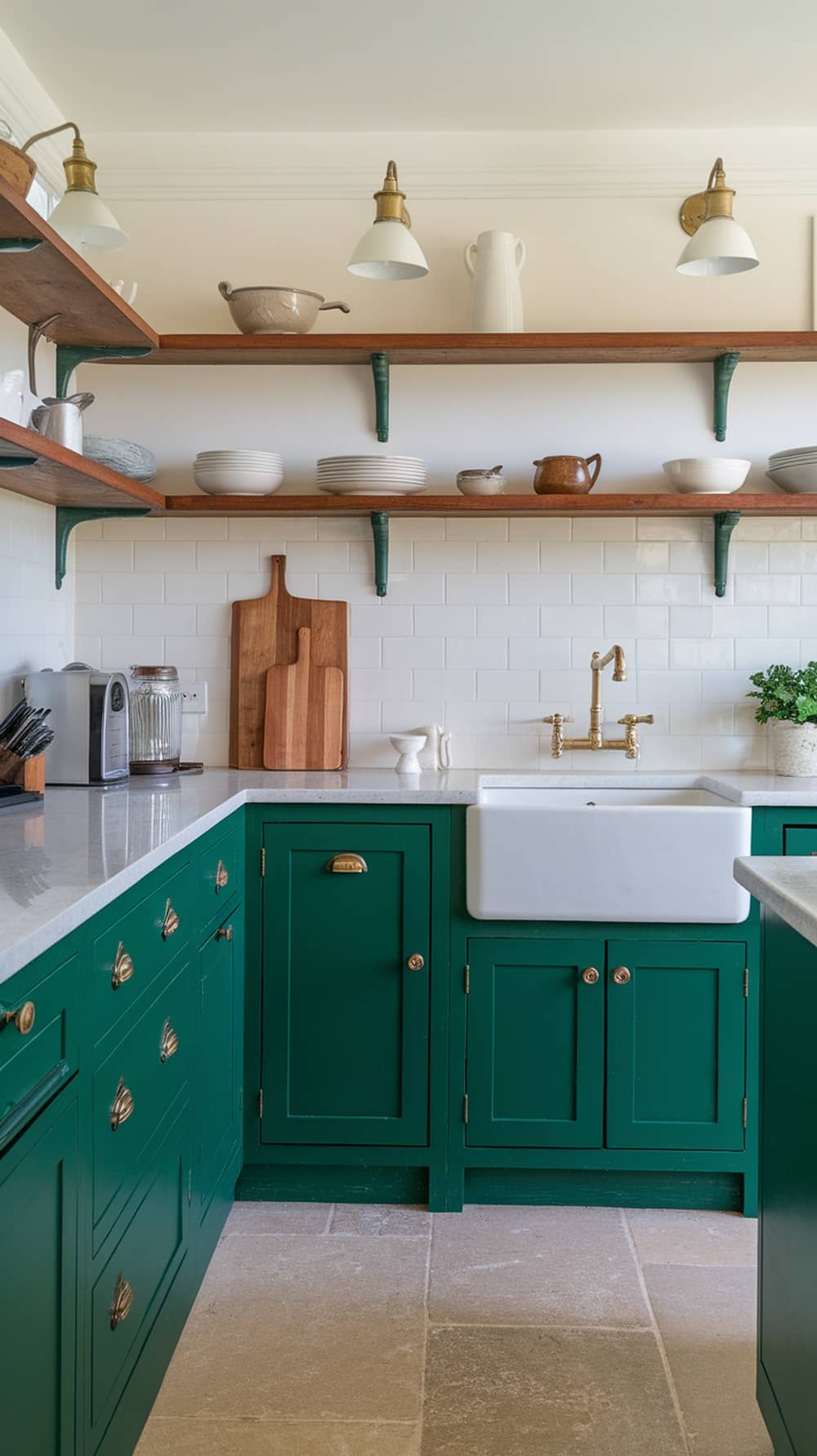Stylish emerald green Shaker style kitchen cabinets with wooden shelves and a farmhouse sink.
