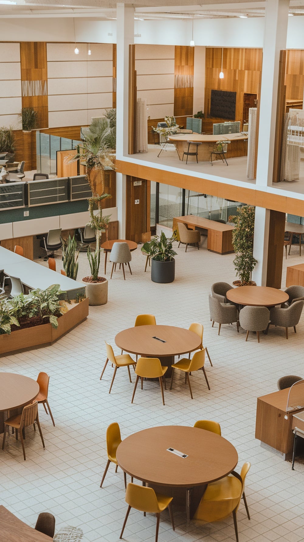A spacious mid-century modern office featuring round tables, comfortable chairs, and plants.