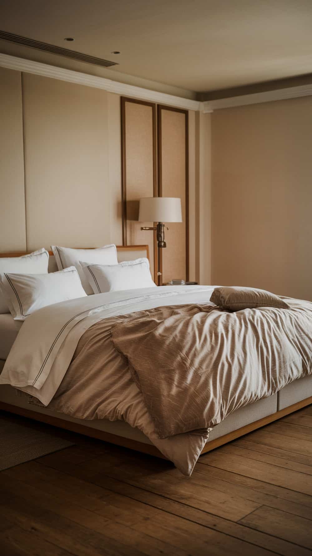 A cozy bedroom featuring a neatly made bed with soft, neutral bedding and decorative pillows.