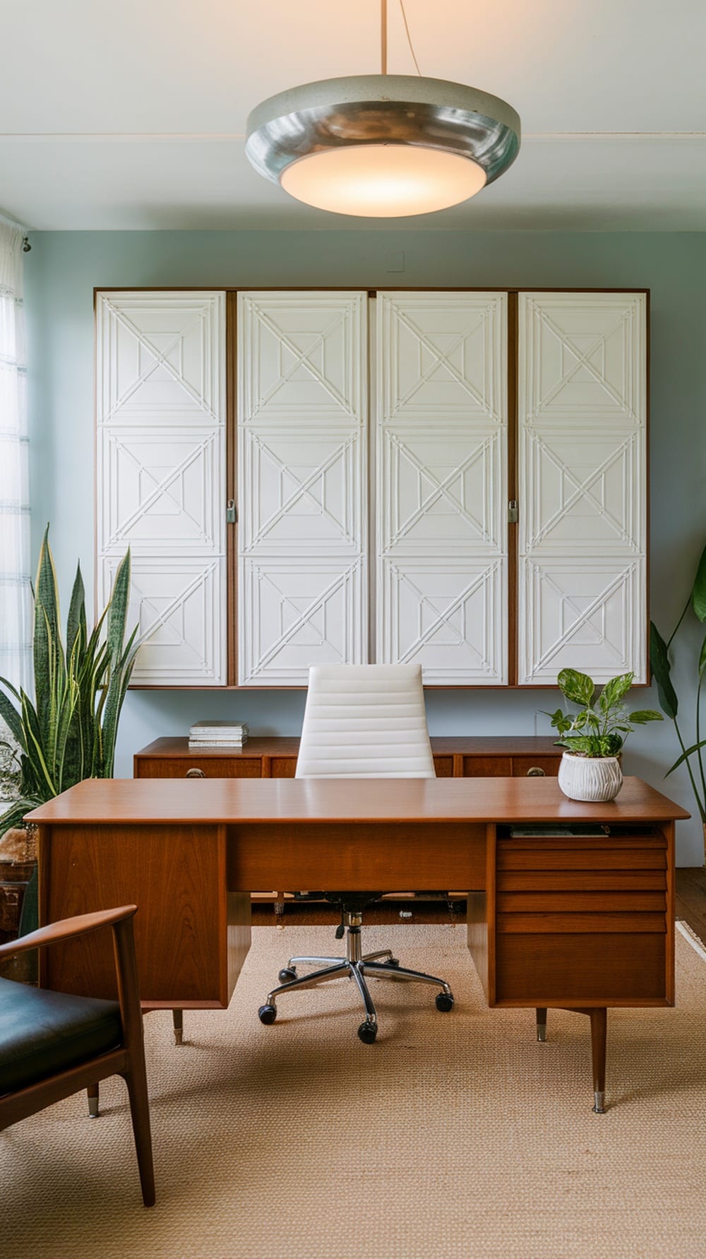 A mid-century modern office featuring a wooden desk, white chair, and plants.