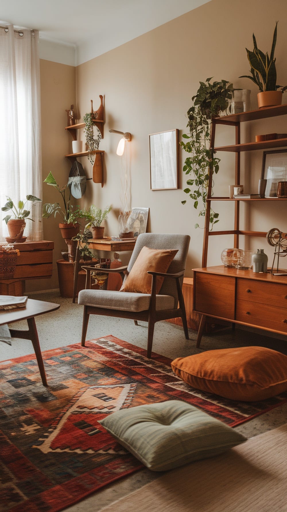 Cozy mid-century modern apartment with textiles, including a colorful rug, cushions, and plants.