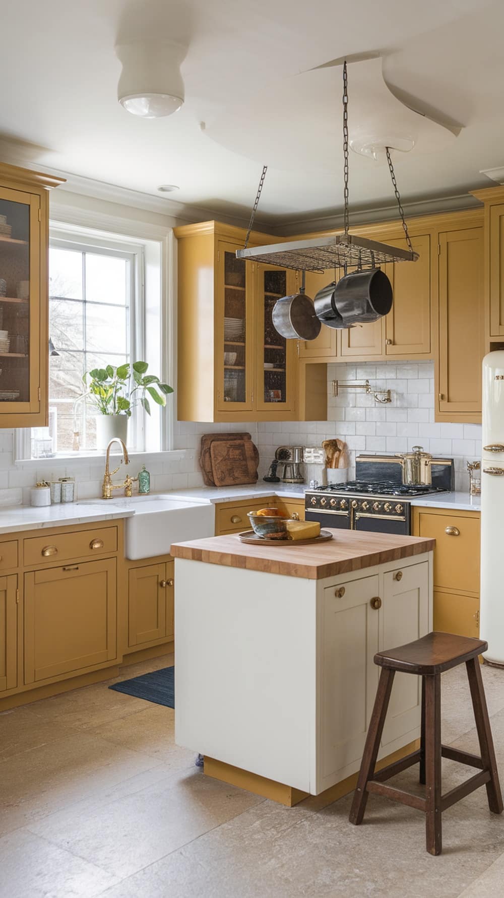 A kitchen featuring mustard yellow shaker cabinets with a cozy and inviting atmosphere.