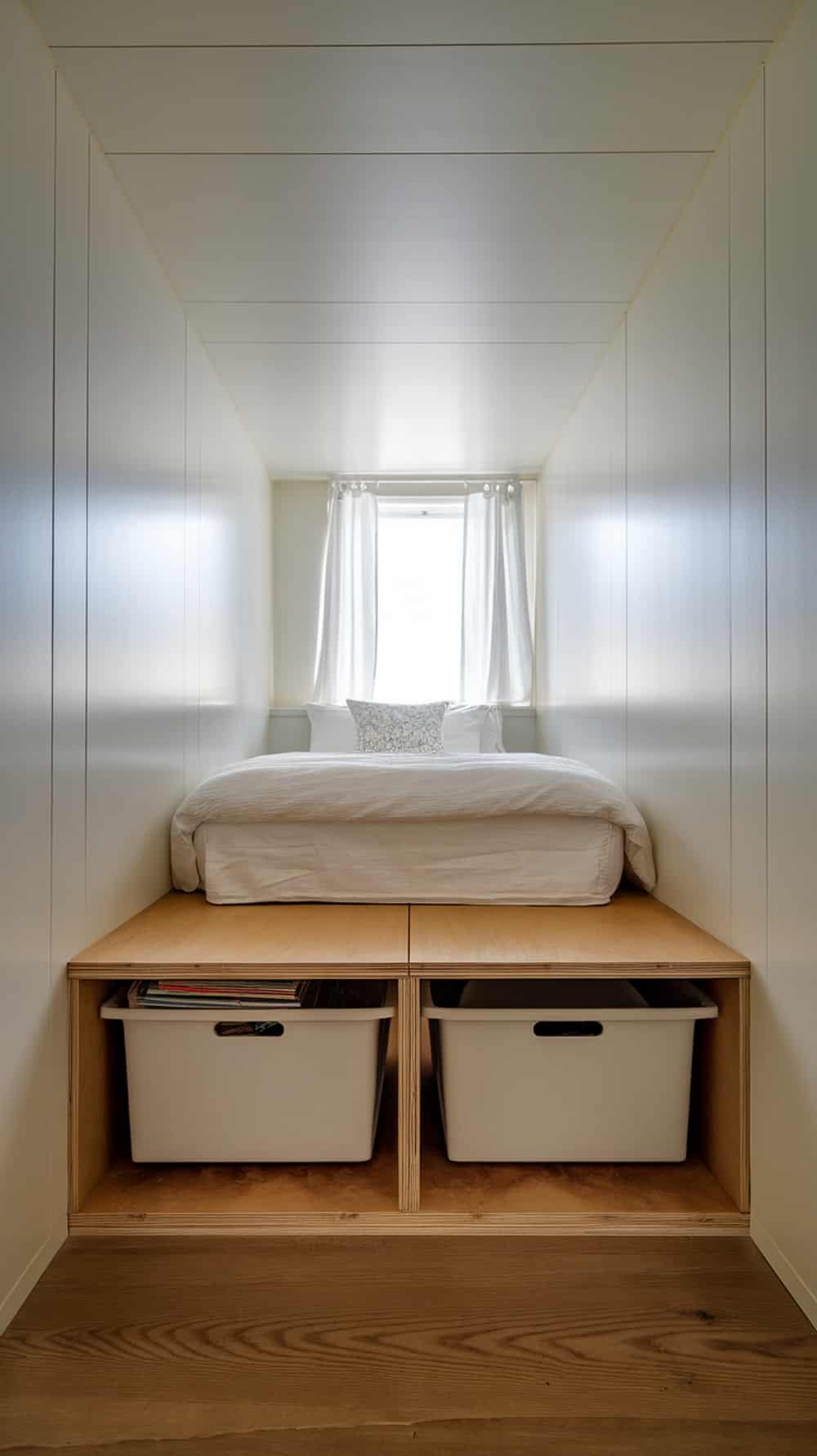 A small bedroom featuring a bed with under-bed storage bins, bright curtains, and a cozy pillow.