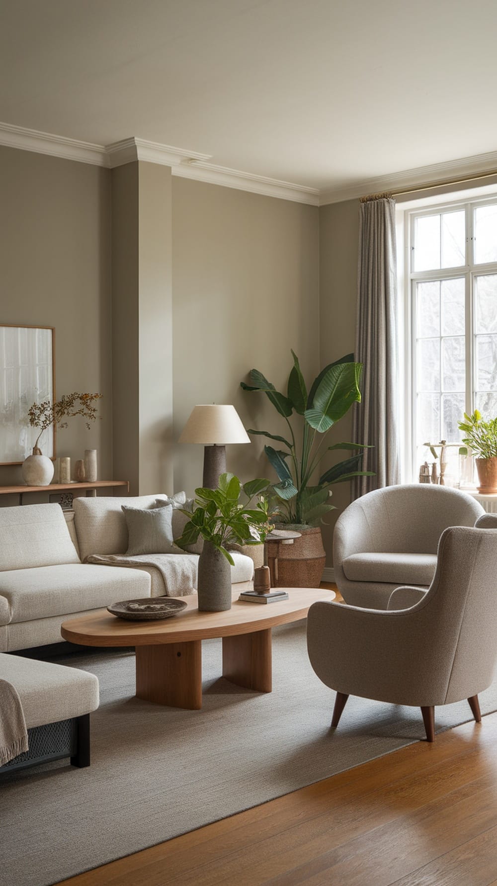 A minimalist living room featuring greige walls, warm wood furniture, and green plants.