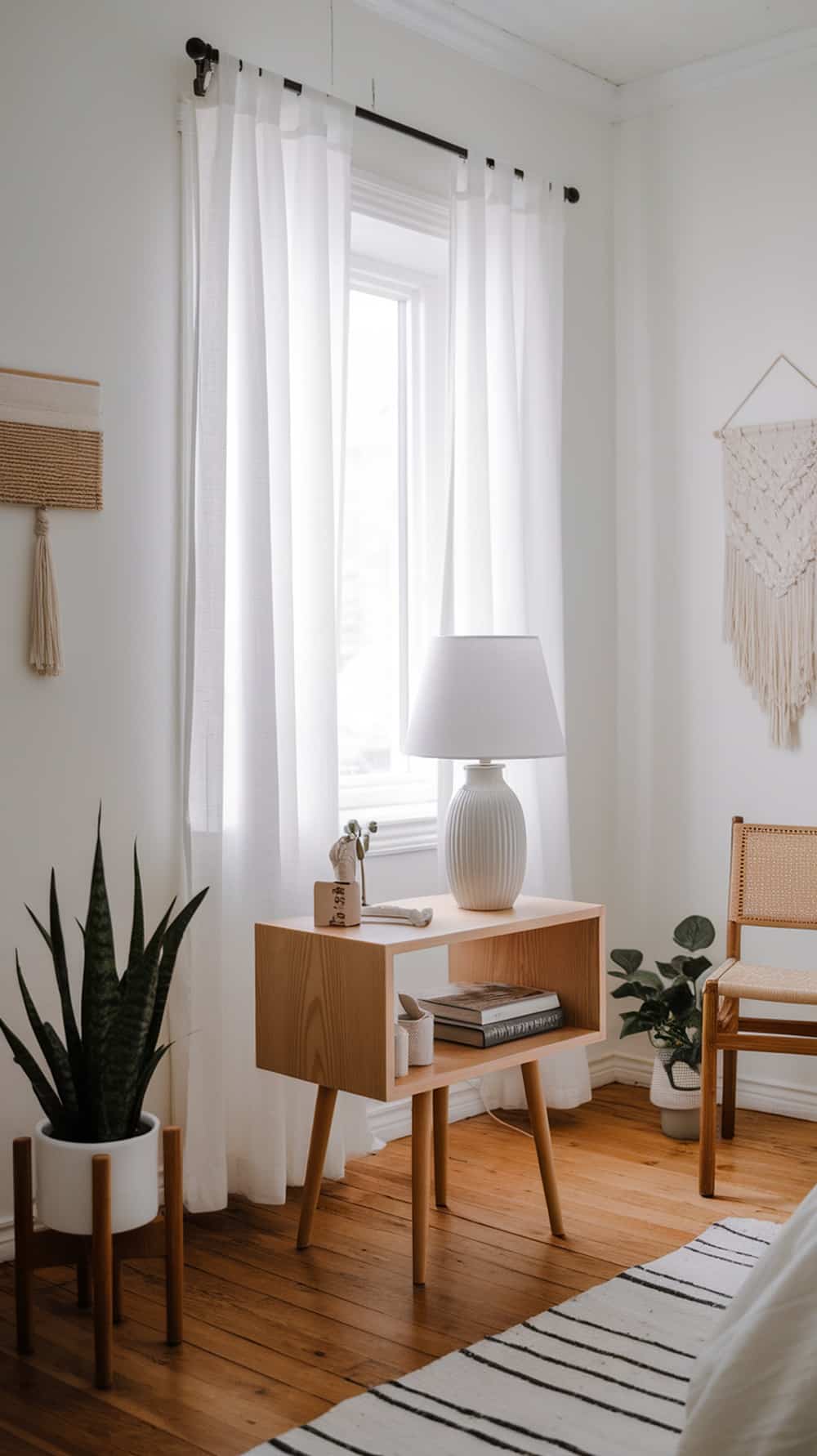 A minimalist nightstand with a lamp, books, and decorative items, surrounded by plants and light curtains.