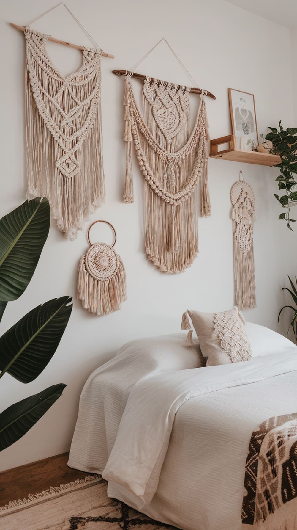 A cozy bedroom featuring various macrame wall hangings above a bed, showcasing intricate designs and natural tones.