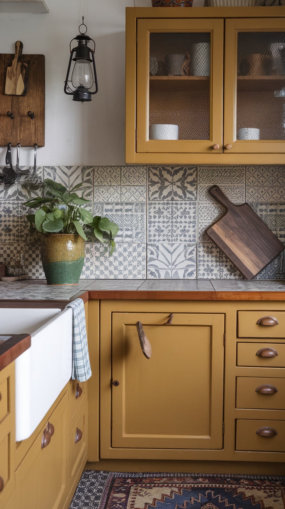 A cozy kitchen featuring mustard yellow cabinets, patterned tiles, and a green plant.