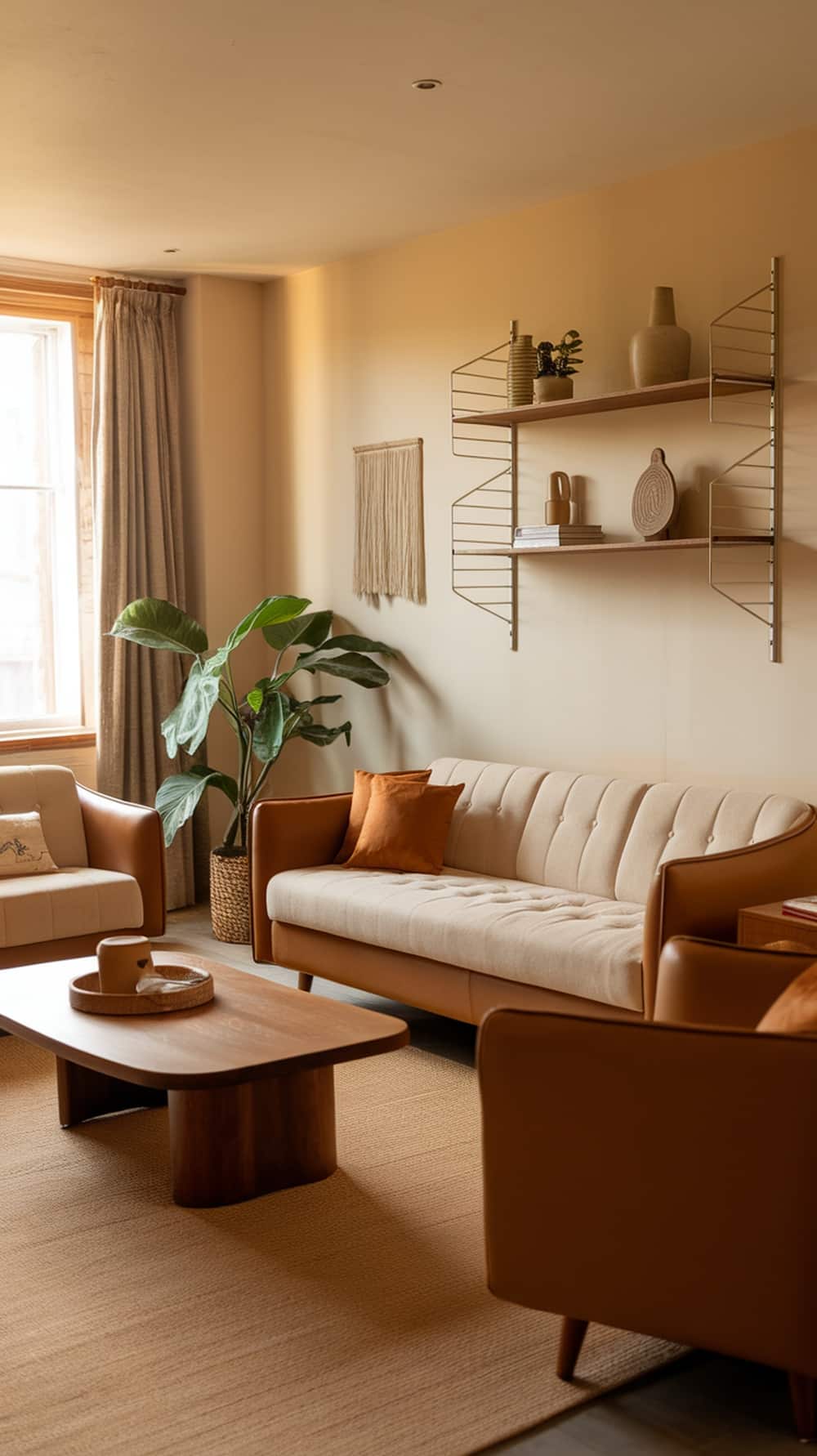 A cozy living room with warm lighting, featuring caramel-colored furniture and decorative accents.