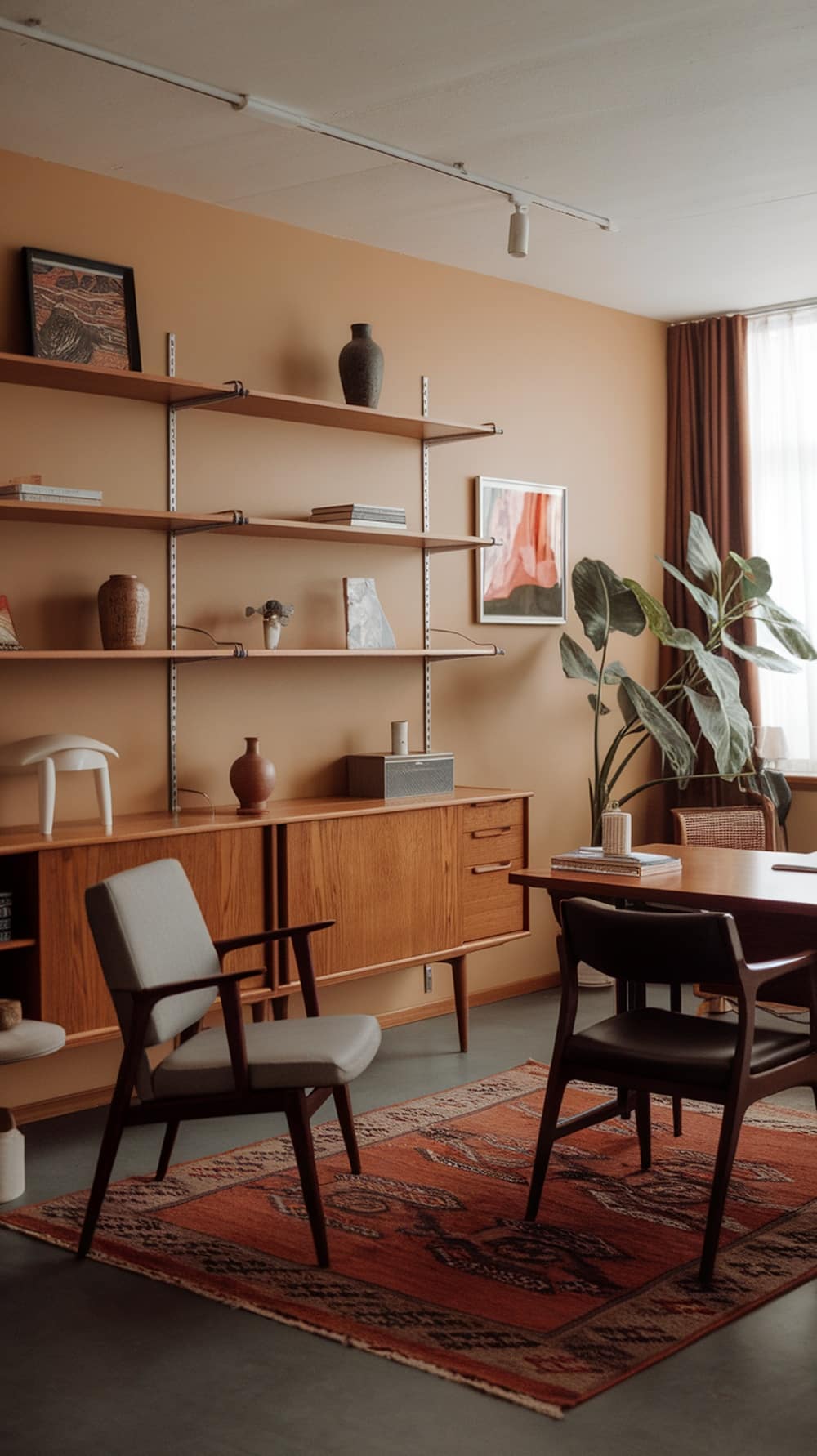 A mid-century modern office featuring warm earthy tones, wooden furniture, and vibrant accents.