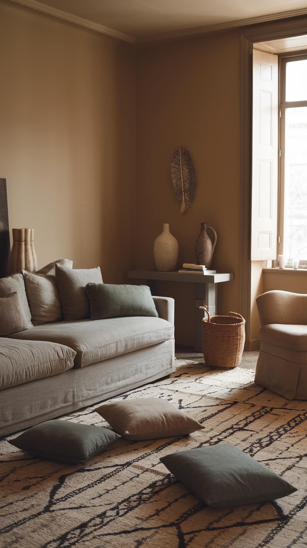 A minimalist living room featuring a greige sofa with soft pillows, a patterned rug, and natural light coming through a window.