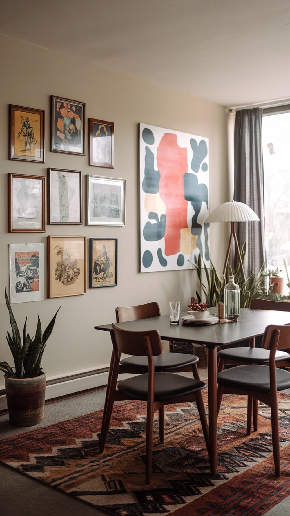 Mid-century modern dining room with art and wall decor featuring framed artworks and a large abstract painting.