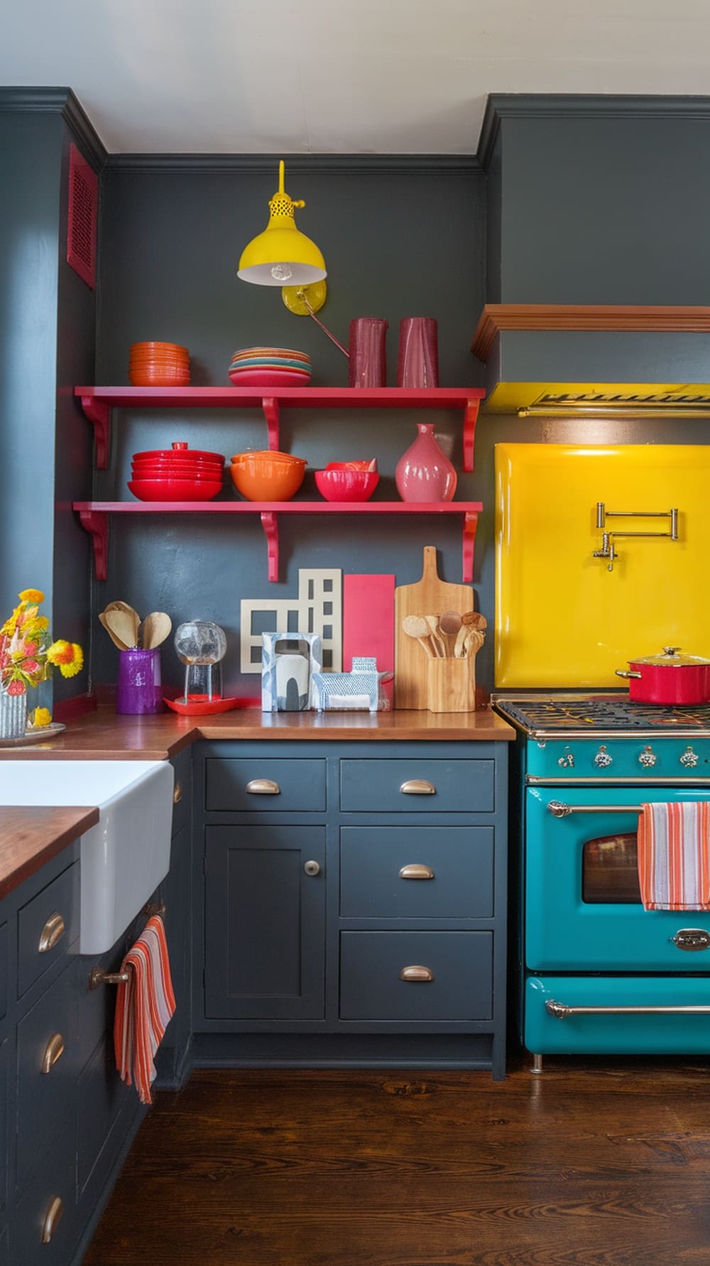 A stylish kitchen featuring charcoal gray cabinets paired with bold colors like yellow and orange.