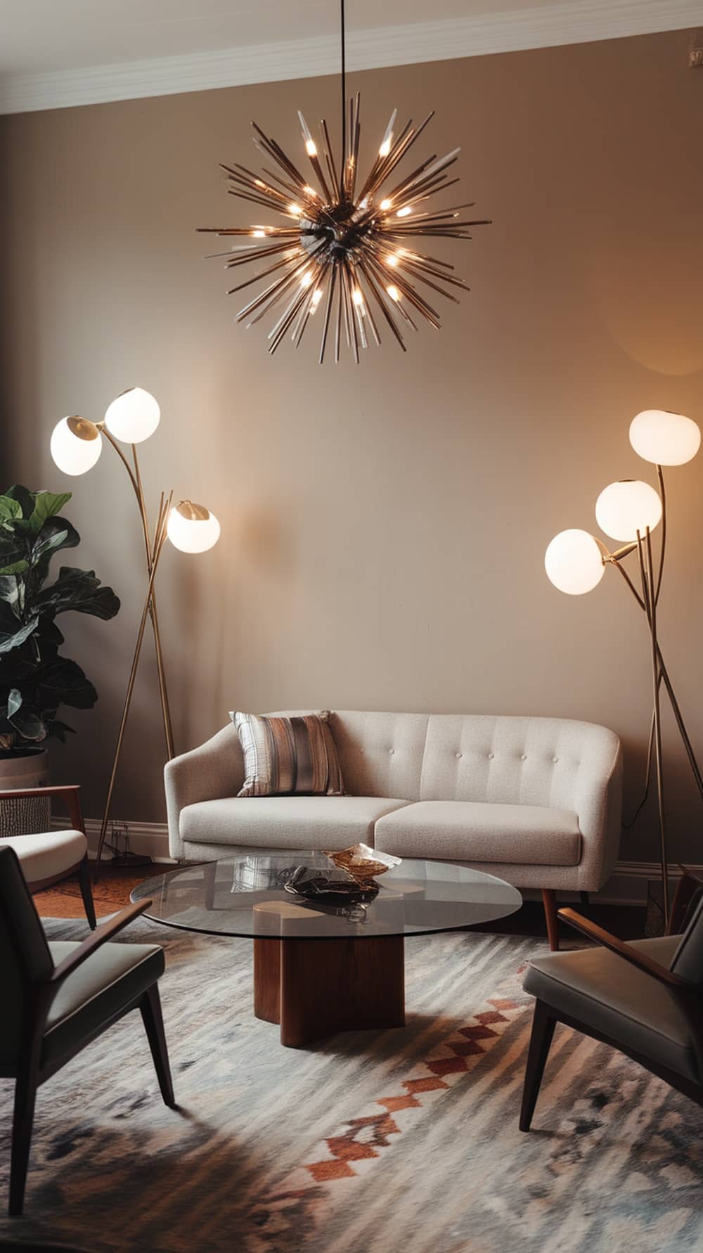 A mid-century modern living room featuring a starburst chandelier and stylish floor lamps.