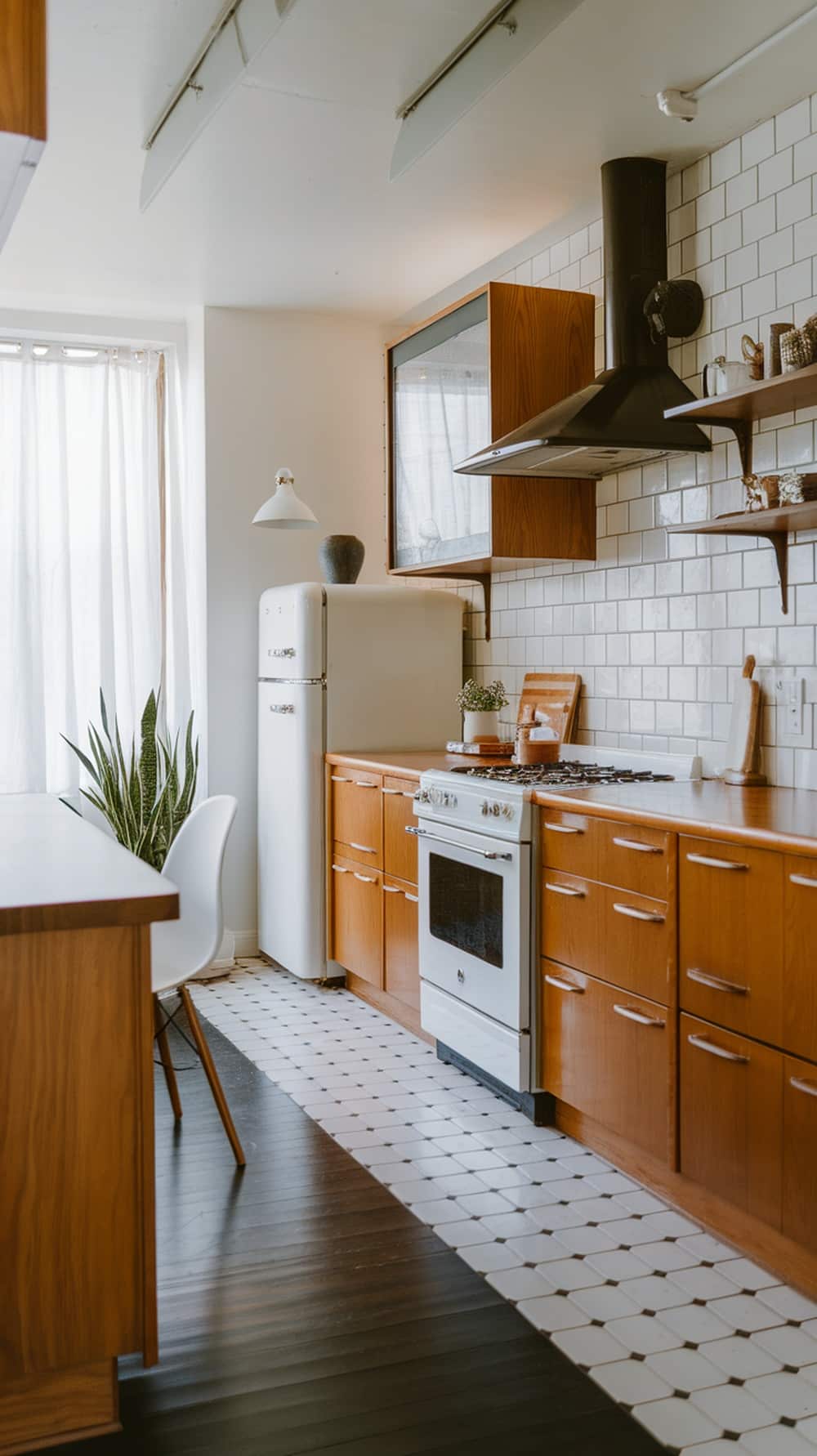 A mid-century modern kitchen featuring sleek lines, wooden cabinetry, and a retro refrigerator.