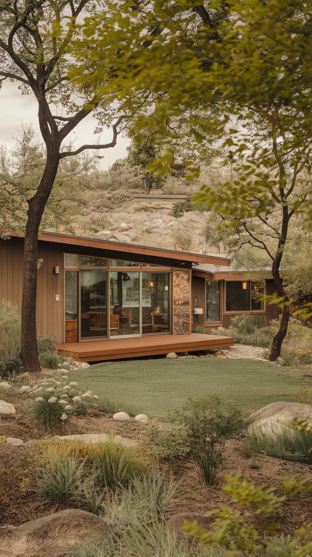 Mid-century modern house surrounded by greenery and landscaped garden.