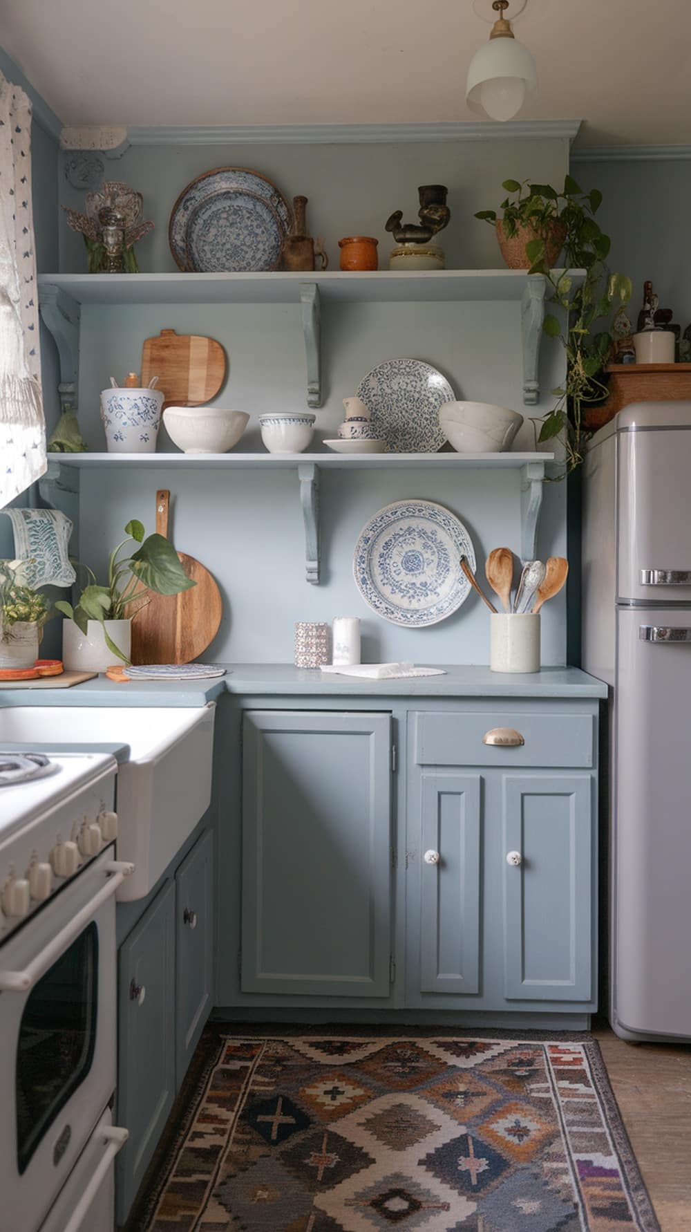 A cozy kitchen featuring dusty blue cabinets and open shelving filled with various dishes and plants.