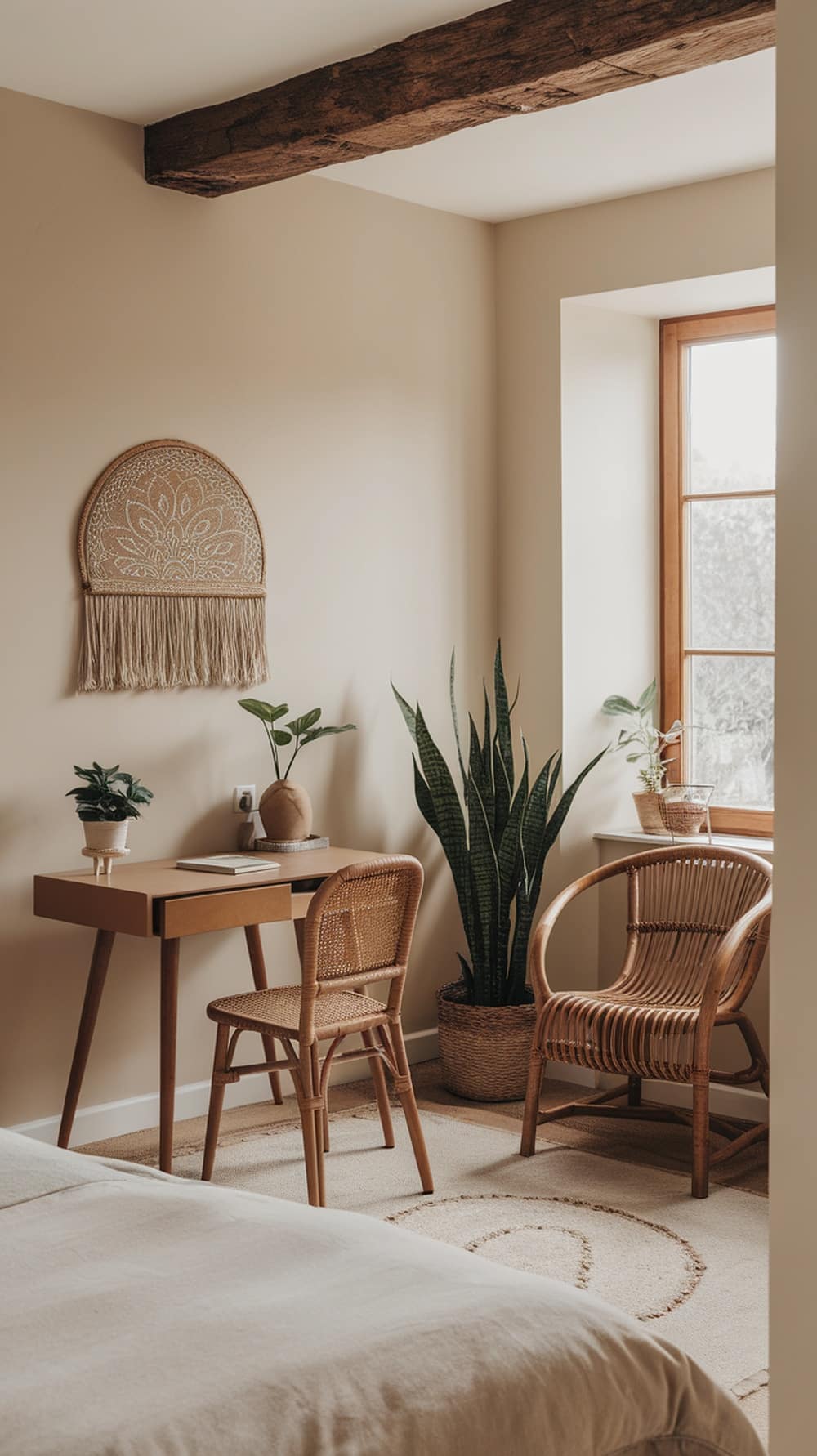 A cozy bedroom featuring rattan furniture, including chairs and a desk, with plants and warm tones.