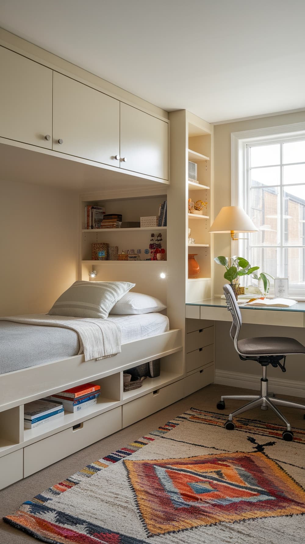 A bedroom featuring a multi-functional furniture design with a bed, storage shelves, and a workspace.