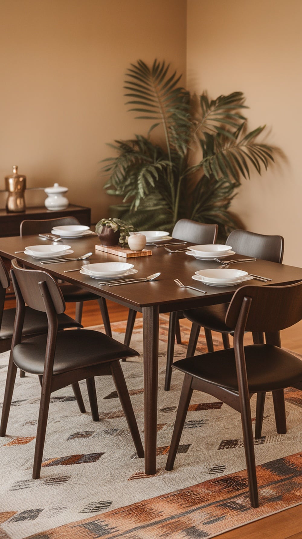 Mid-century modern dining room with a wooden table, chairs, and a patterned rug.