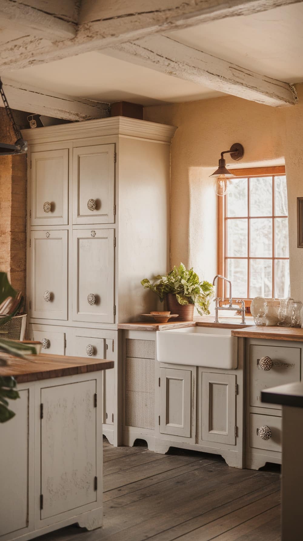 Rustic greige reclaimed wood kitchen cabinets with a cozy atmosphere.