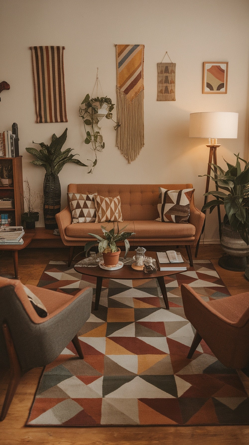 Mid-century modern living room featuring geometric patterns in decor.