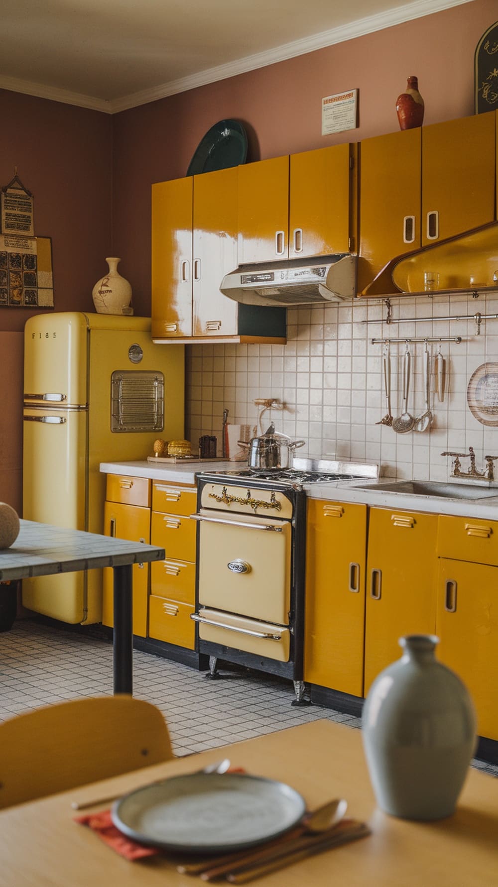 A vintage kitchen featuring mustard yellow cabinets and retro appliances.