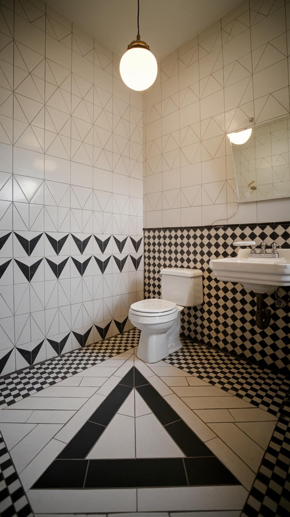 Mid-century modern bathroom with stylish geometric tile patterns in black and white.