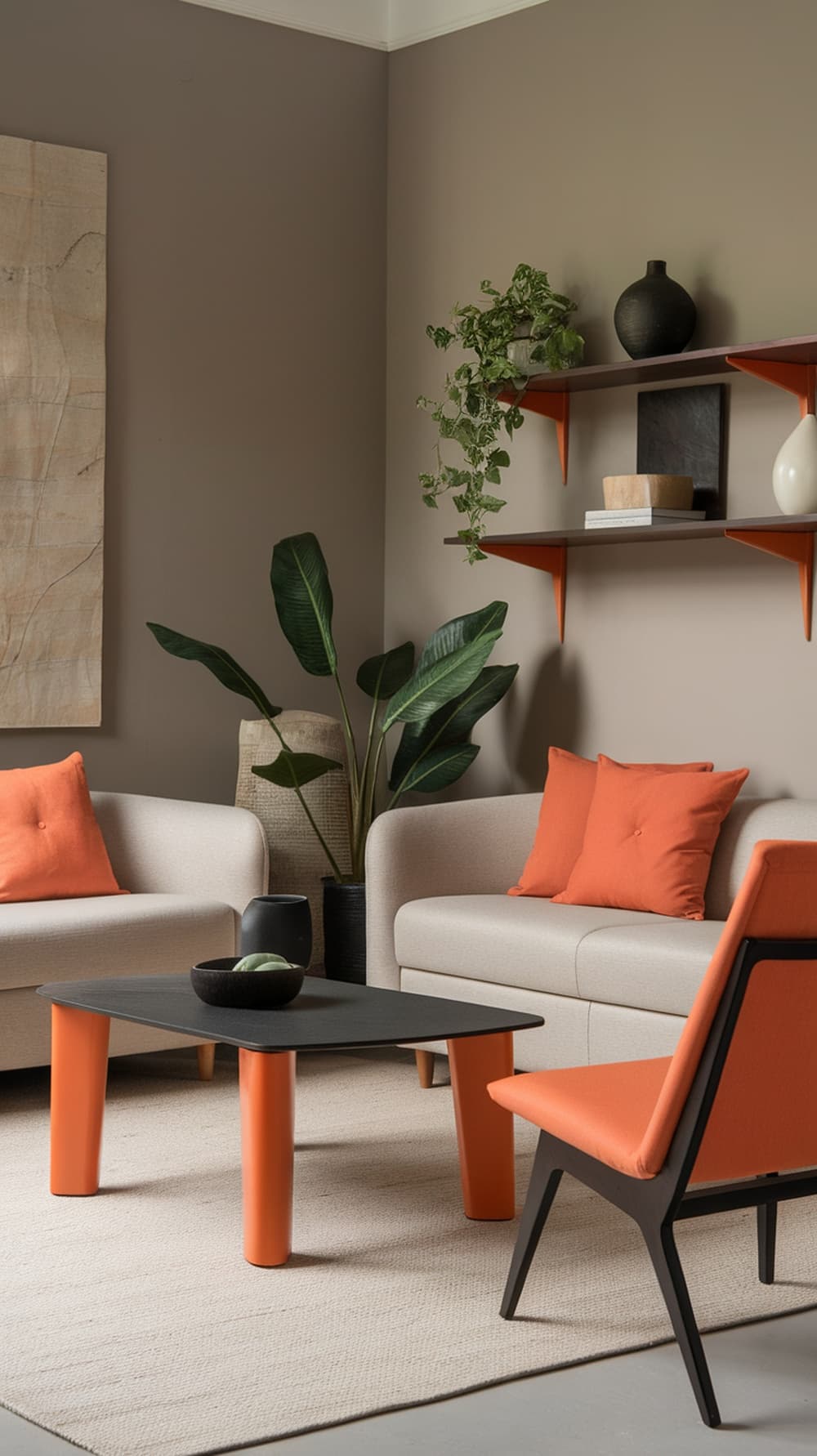 A minimalist greige living room featuring light sofas with orange pillows, a black coffee table with orange legs, and decorative plants.