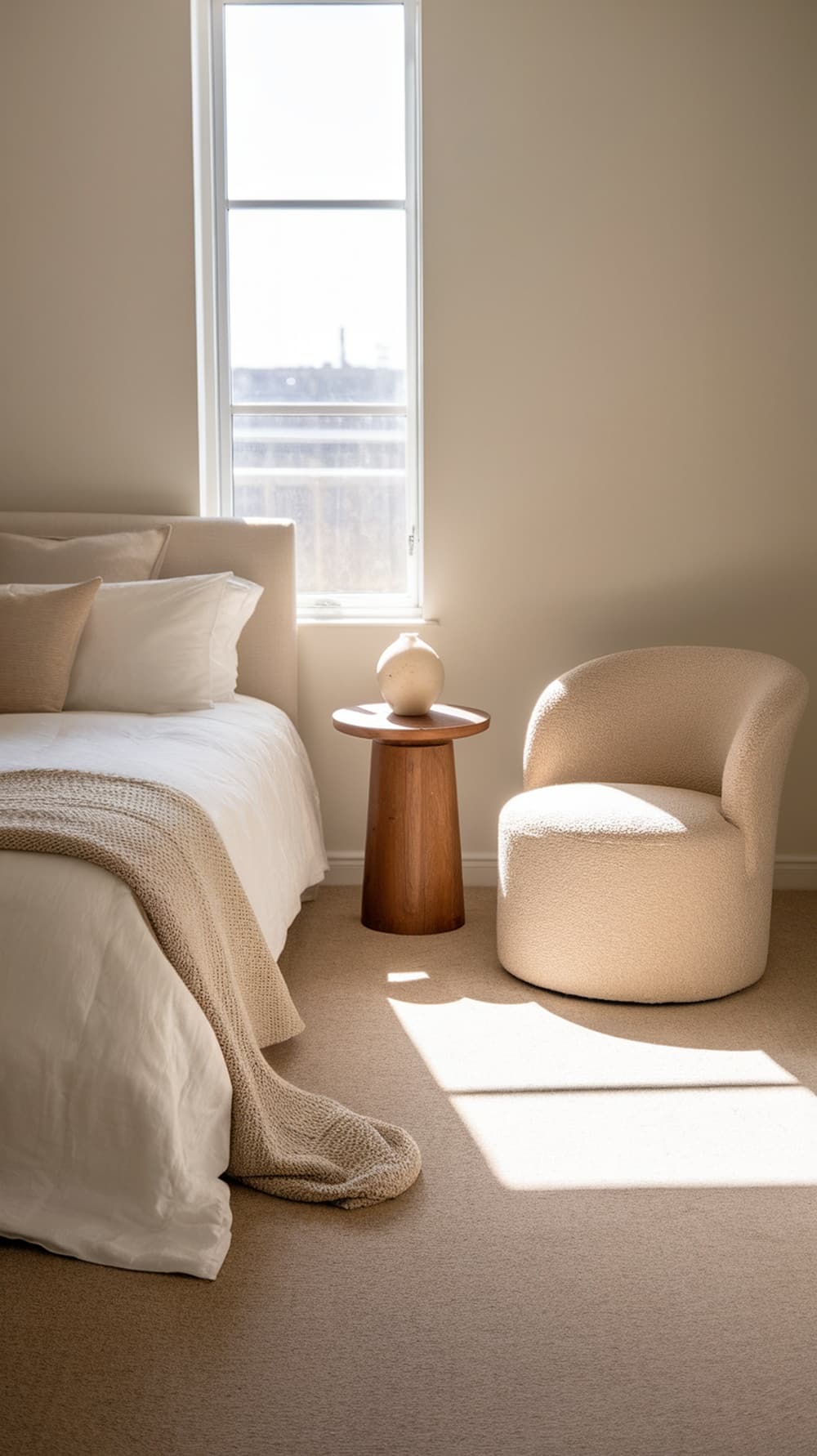 A minimalist bedroom featuring neutral tones, a bed with white linens, a wooden side table, and a cozy chair.