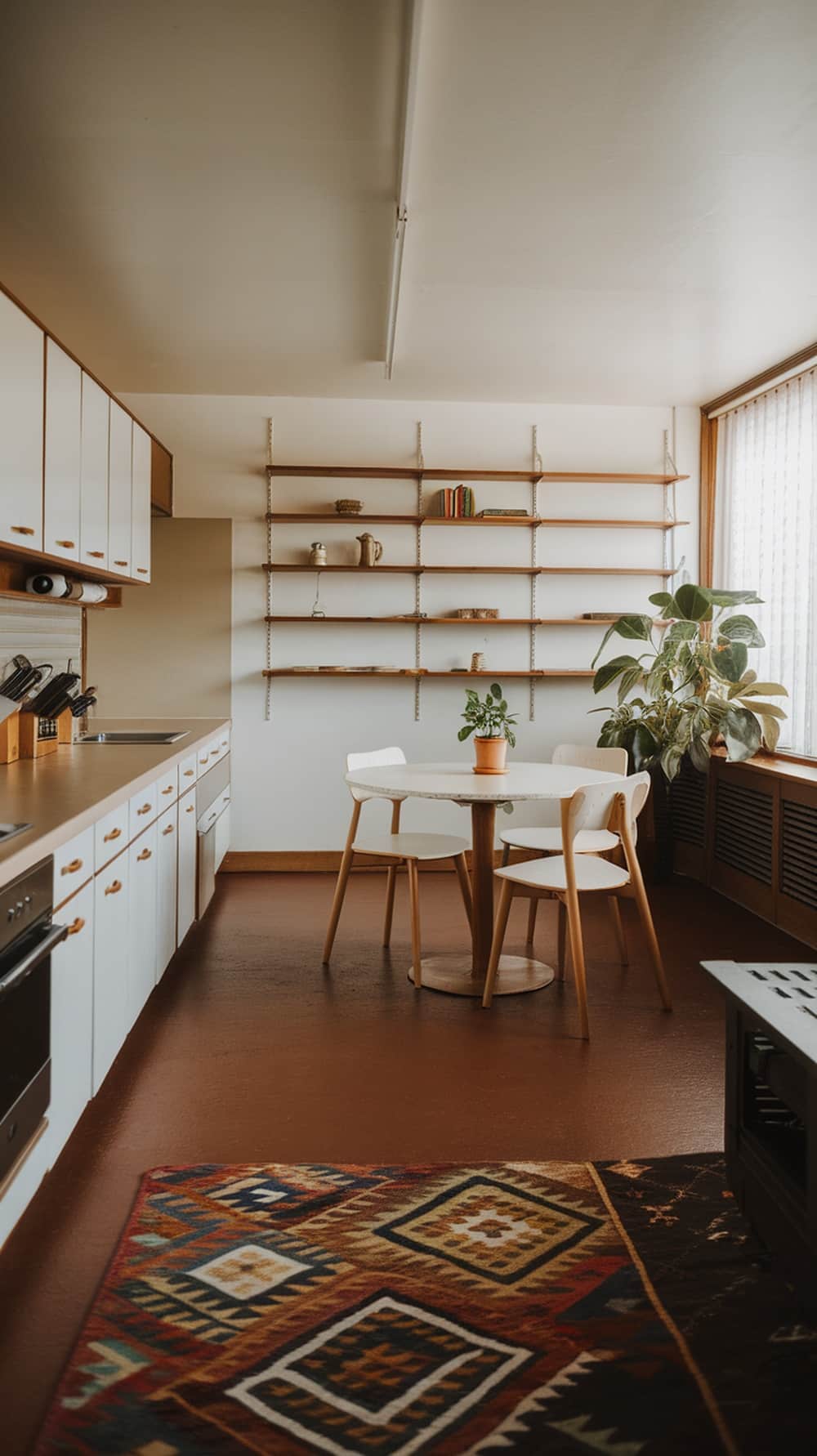 A mid-century modern kitchen with an open layout, featuring a round dining table, wooden shelves, and a cozy atmosphere.