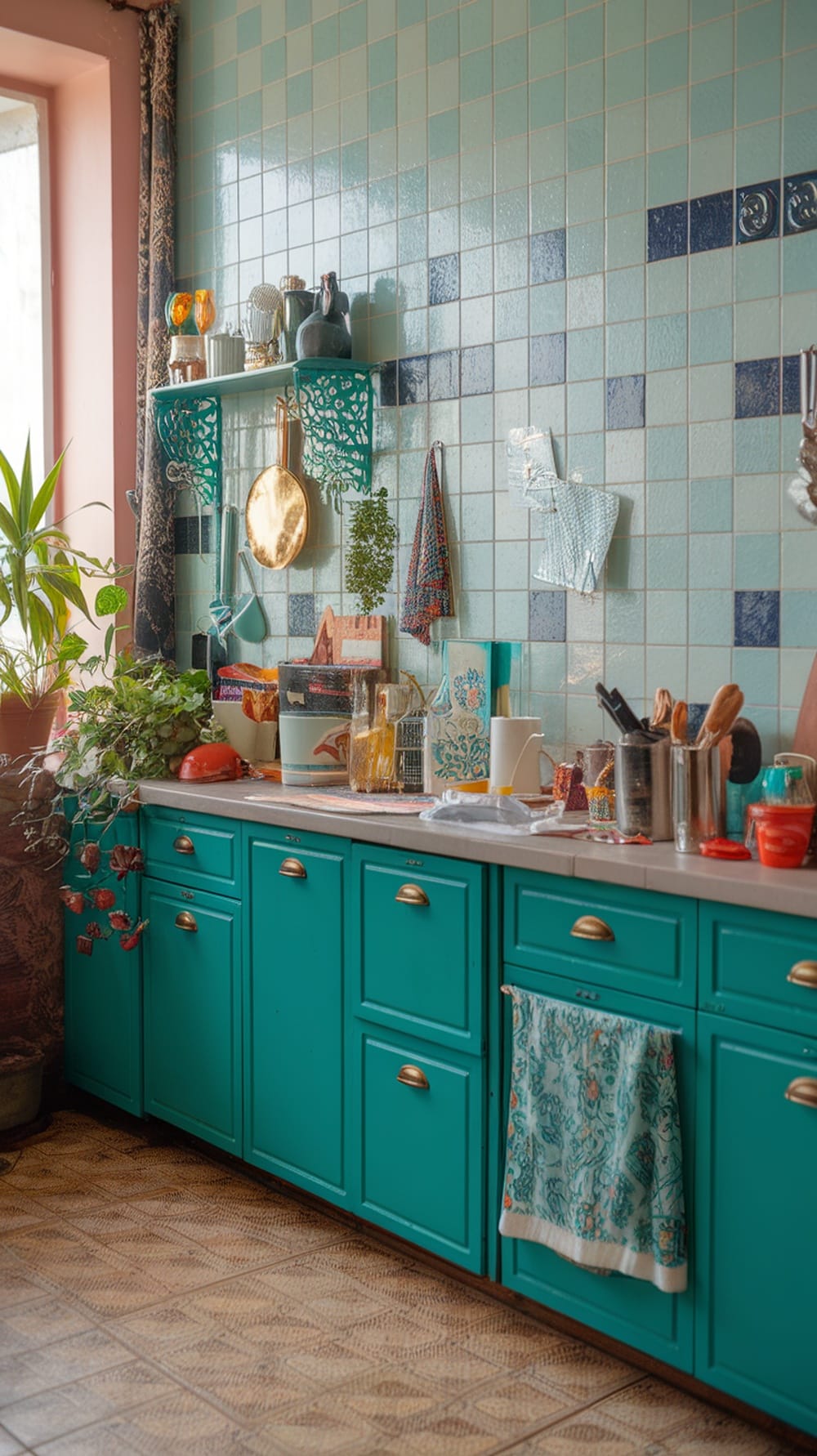 A vibrant kitchen featuring emerald green cabinets, colorful tiles, and various textures.